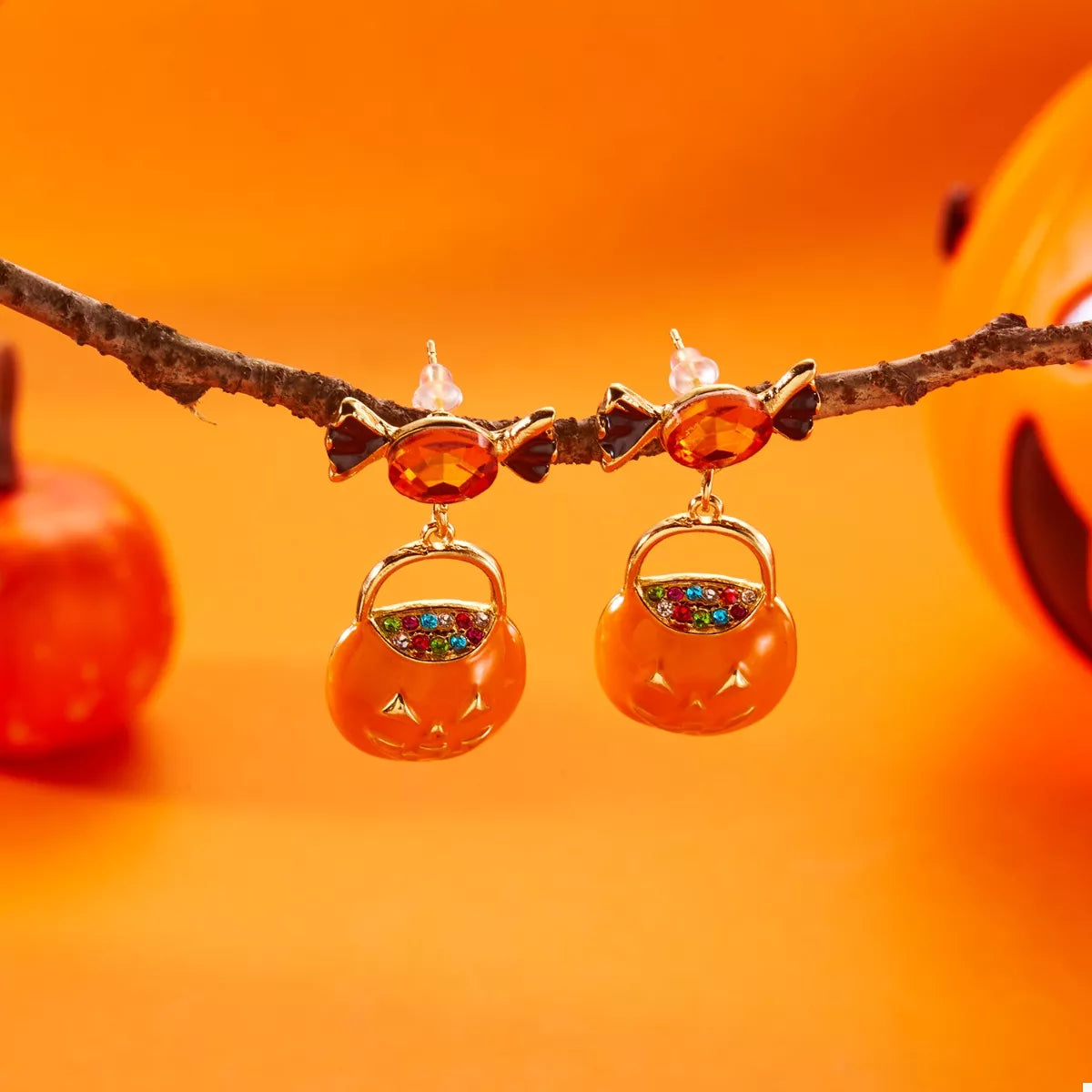 Golden Deal Peaks™ Halloween Rhinestone Pumpkin Dangle Earrings - Golden Deal Peaks